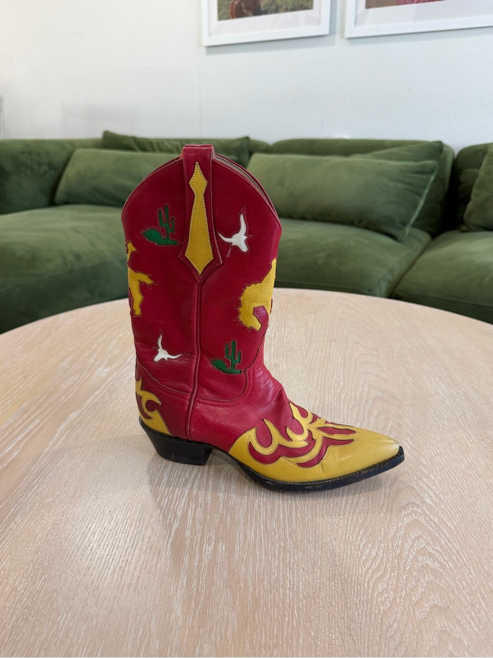 RARE Vintage Larry Mahan Texas Rodeo Inlay Cowboy Boots Red Yellow